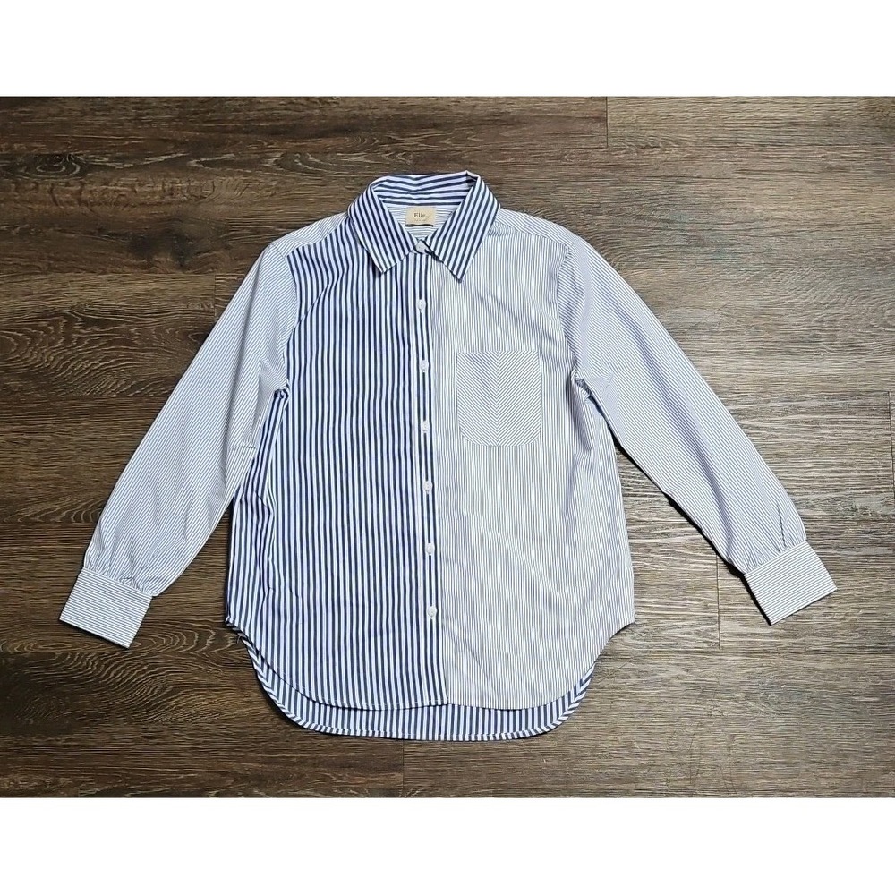 Elie Tahari Women's Blue/White  Multi-Striped‎ Cotton Front Button Shirt